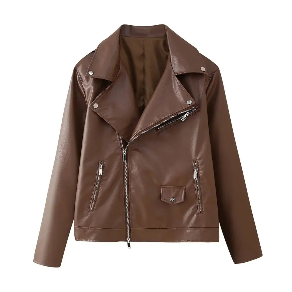 

Women's Lapel Retro Style Imitation Sheepskin Leather Jacket Slant Zipper Detail Autumn New Arrivals by