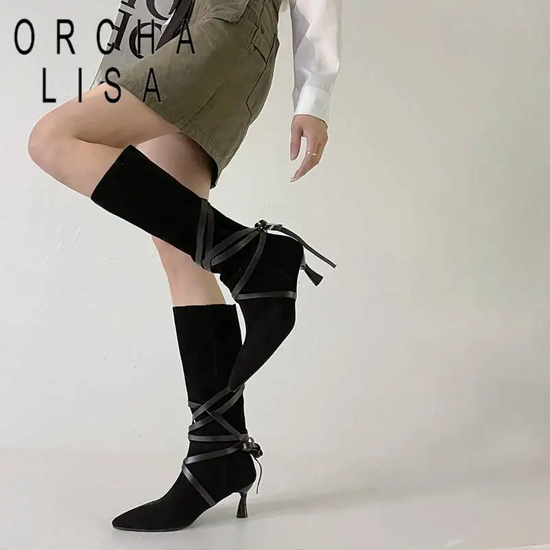 

ORCHA LISA Womans Knee-high Boots 32cm Strange Heel 7cm Flock Suede Crossover Strap Big Size 46 47 48 Solid Ladies Booties Party