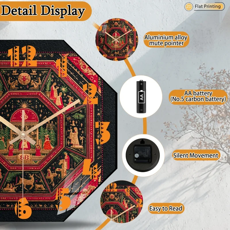 1pc Classic Christmas tapestry pattern Octagonal Wall Clock for Kitchen Living Room Office Ideal Holiday Easter Birthday Gifts