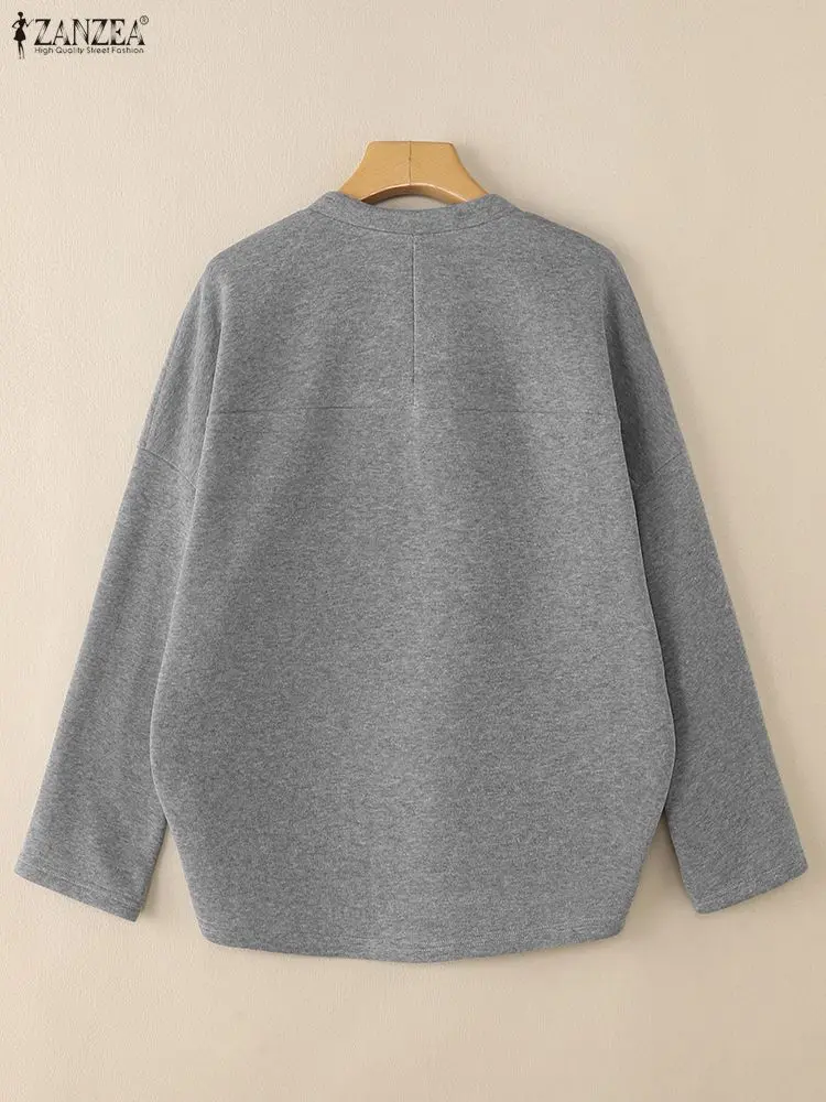 ZANZEA المرأة بلون عالية منخفضة البلوز مع وشاح الخامس الرقبة طويلة الأكمام بلوفر مغزول القمم ملابس امرأة عادية فضفاضة