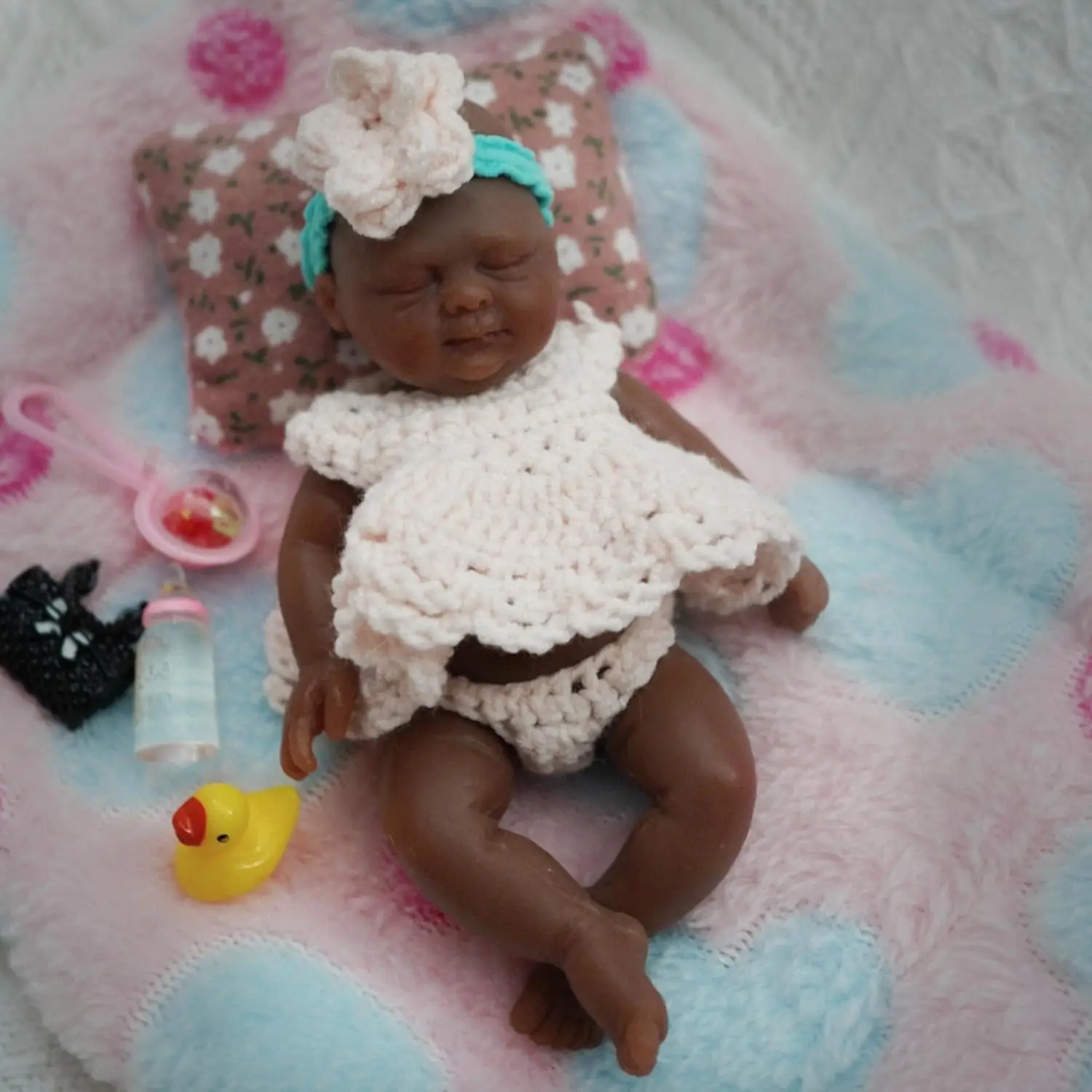 Mini Silicone Reborn Baby Doll 4.5 Inch Full Body Black Girl Emma with Feeding Accessories Collectible Infant Simulation Toy