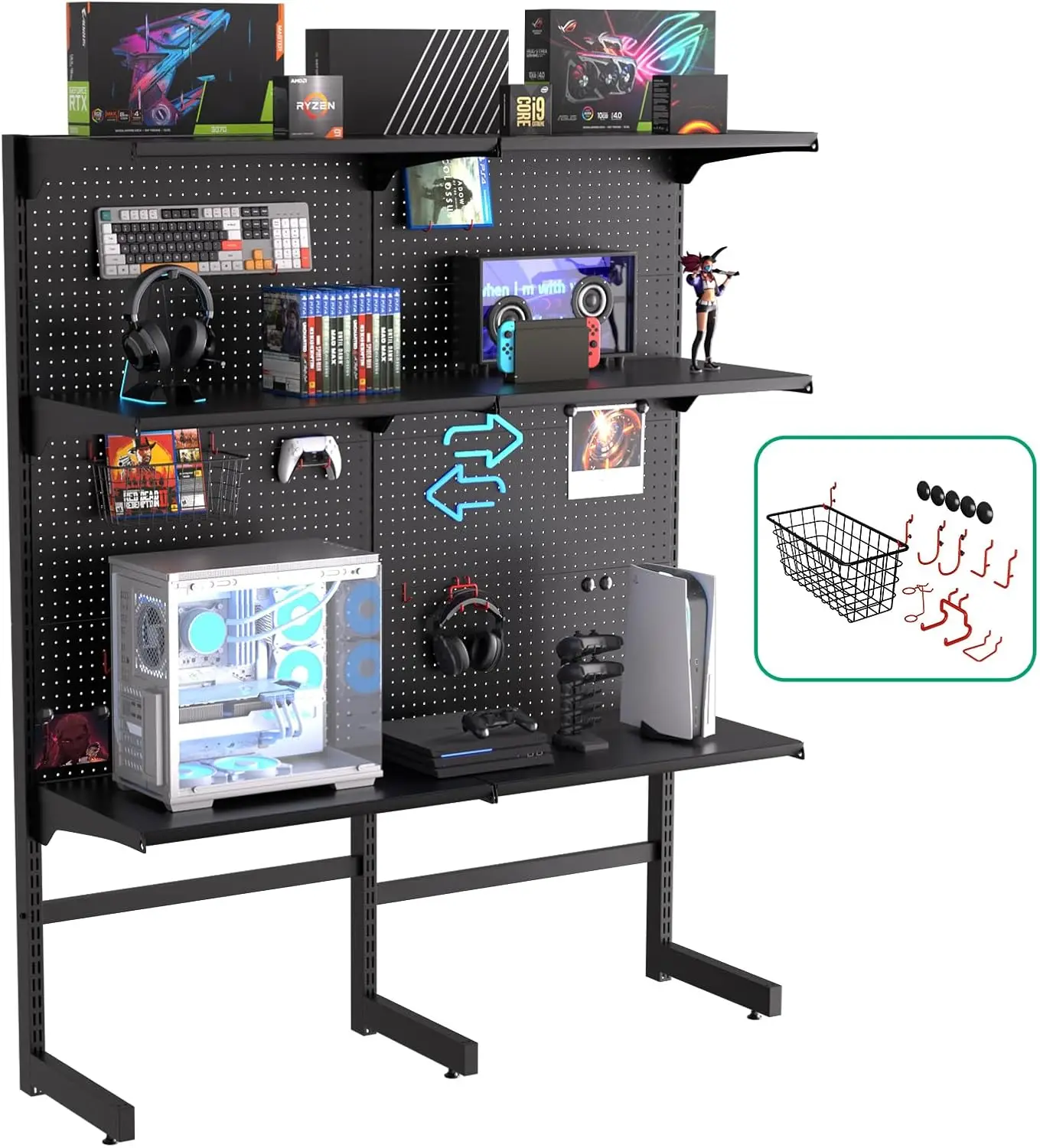 JWX DDB Gaming Pegboard Standing Shelf Units, Modular Pegboard and Shelf System with 15 Pieces Organizer Tool Holders