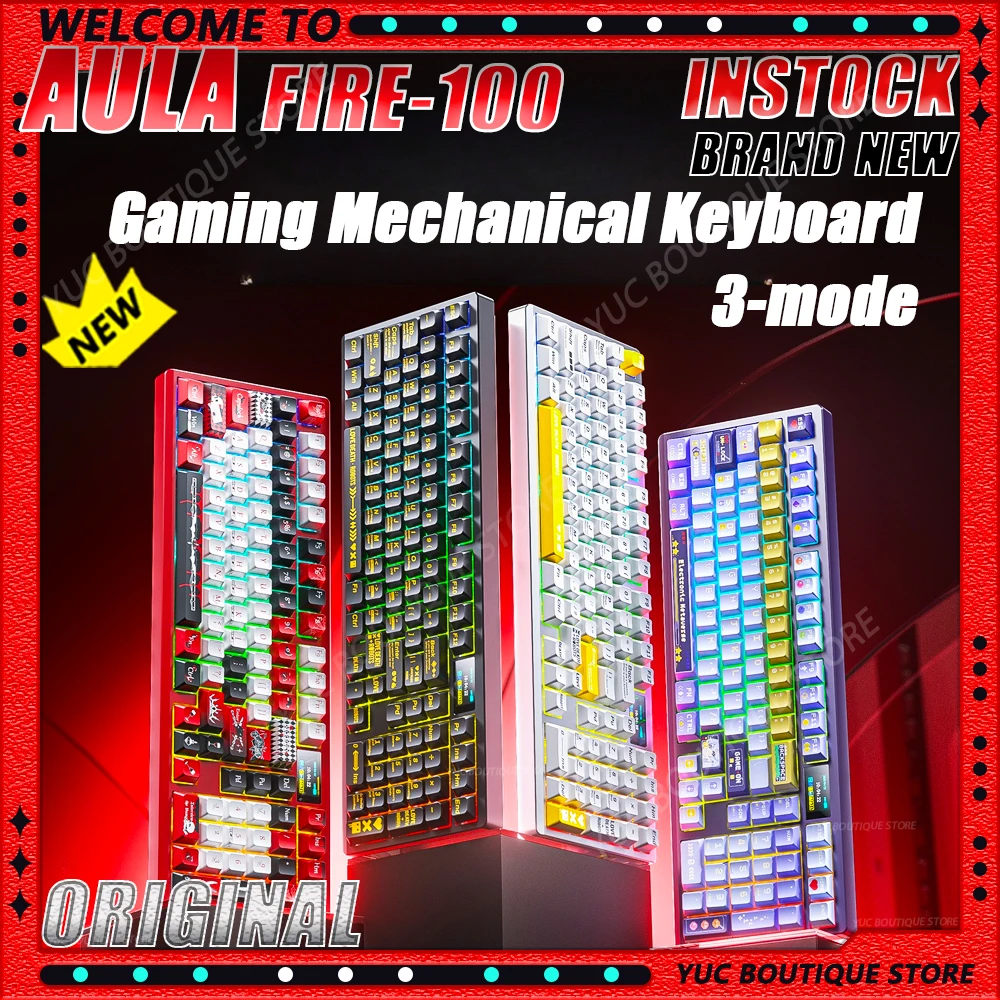 

NEW Aula FIRE100 3-MODE Gaming Mechanical Keyboard RGB Hot Swappable Wireless 2.4G Polling Rate 100% Layout Gaming Accessories