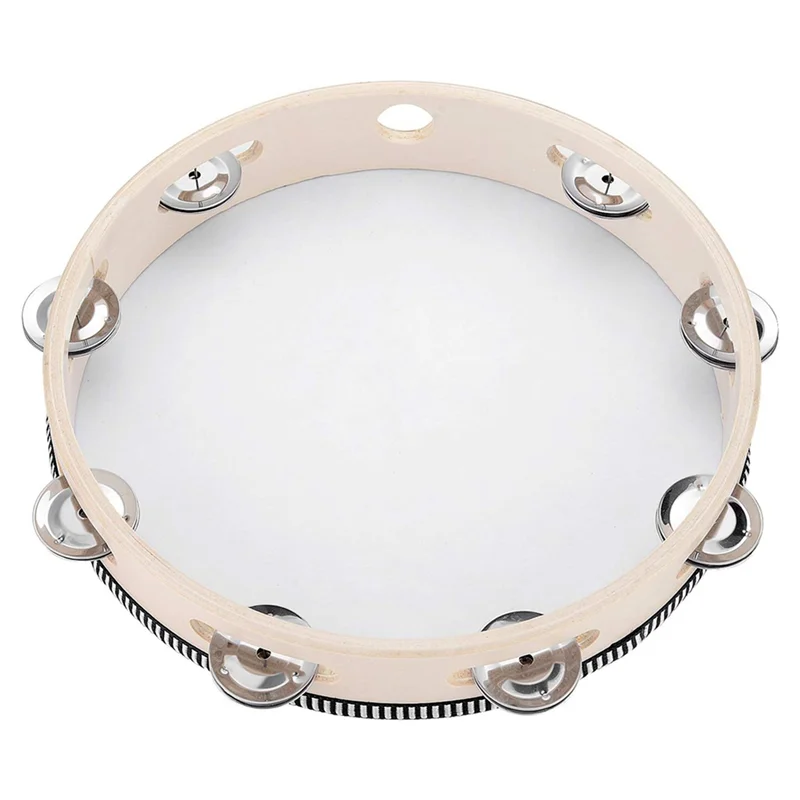 

8X Tambourine For Adults 10 Inch Hand Held Drum Bell Birch Metal Jingles Percussion Gift Musical Educational Instrument-AT20