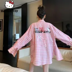 Sanrio Hello Kitty Autumn Bow Plaid Shirt Sweet Y2k Girl Versatile Polo Collar Sunscreen Shirt Korean Version Fashion Thin Coat