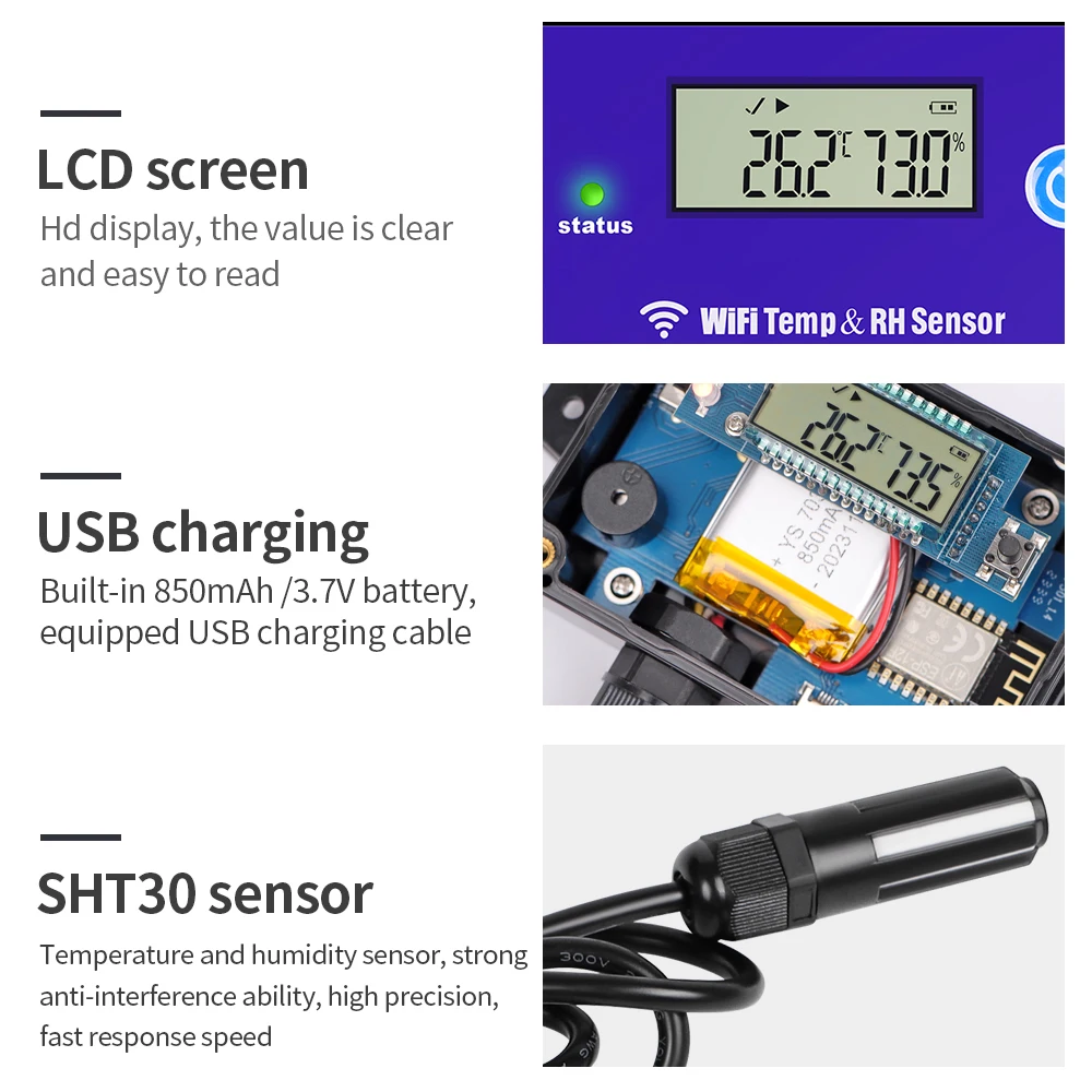 WiFi Temperature And Humidity Sensor Remote Monitoring Data Logger Temperature Humidity Transmitter Upper and Lower Limit Alarms