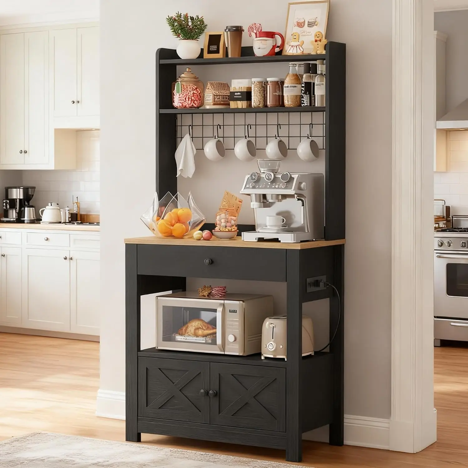 Baker Rack with Spill-Safe Power Outlet & Drawer, Black | Coffee Bar Cabinet with Storage, Farmhouse Microwave Stand with Hutch
