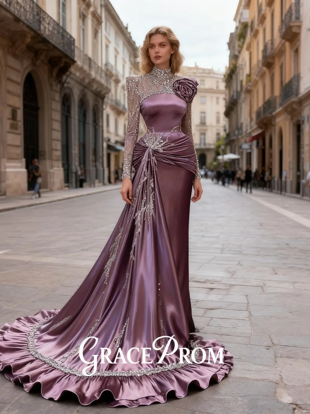 

GraceProm Luxurious Long Sleeve Beaded Evening Dress Formal Satin Red Carpet Gown Elegant A-Line Floor-Length Party Gown Customi