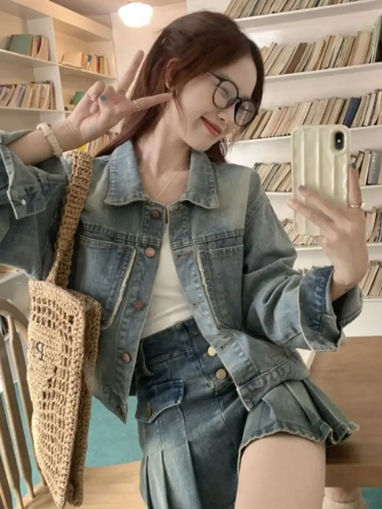 Retro Denim ort Jaet Dames Casual Loose Fit met ket Lente Herfst Veelzijdig Klein formaat Top Katoen Polyestermix