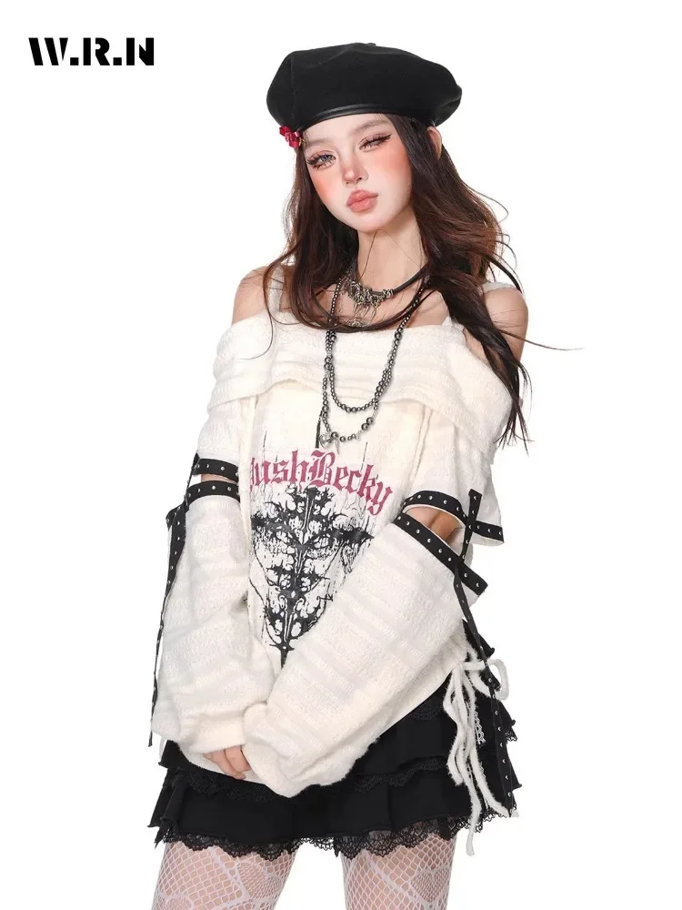 

2024 Autumn Casual Oversized Suspender Jumpers Hotsweet Knit Long Sleeve Gyaru Pullovers Women Y2K Coquette Print Sexy Sweater