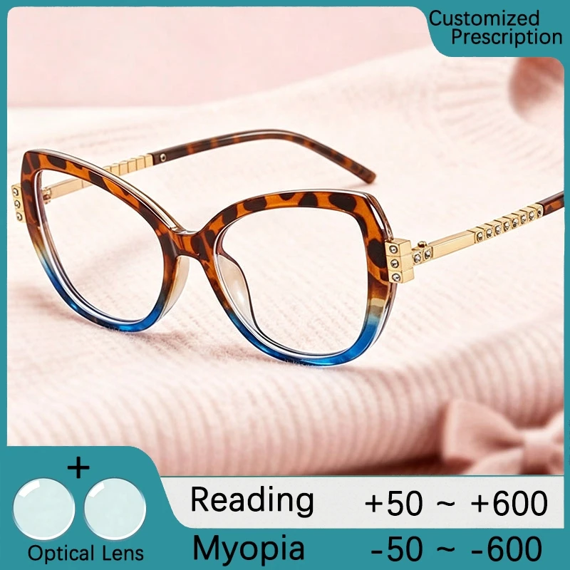 Fashion Women's Reading Glasses Rhinestone-Studded Luxury Leopard Eyeglass Anti Blue Light Myopia Optics Lenses