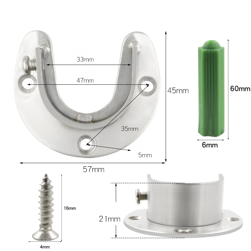 2 Sets Heavy-Duty Stainless Steel U-Shaped Closet Rod Flange Brackets, Includes Mounting Screws, Wall-Mount End Support Holders