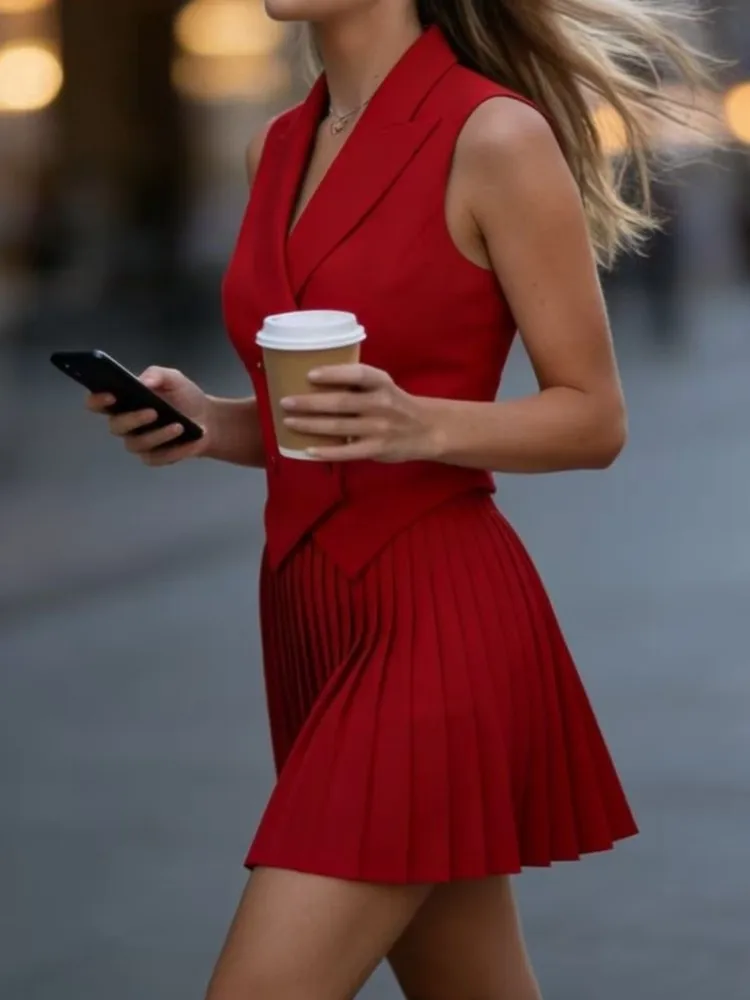 Dames nieuwe mode casual rokset lente en zomer mode revers onregelmatige mouwloze top plooirok tweedelige sets