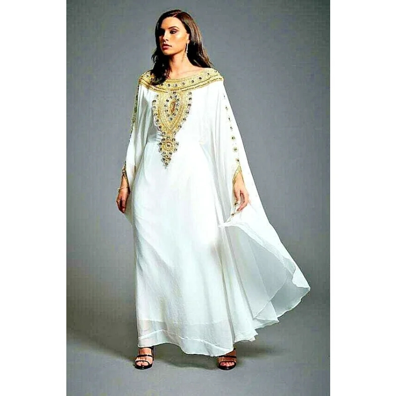 White Moroccan Dubai Kaftane Farasha Abaya Dress Very Fashionable Long European and American Fashion Trends