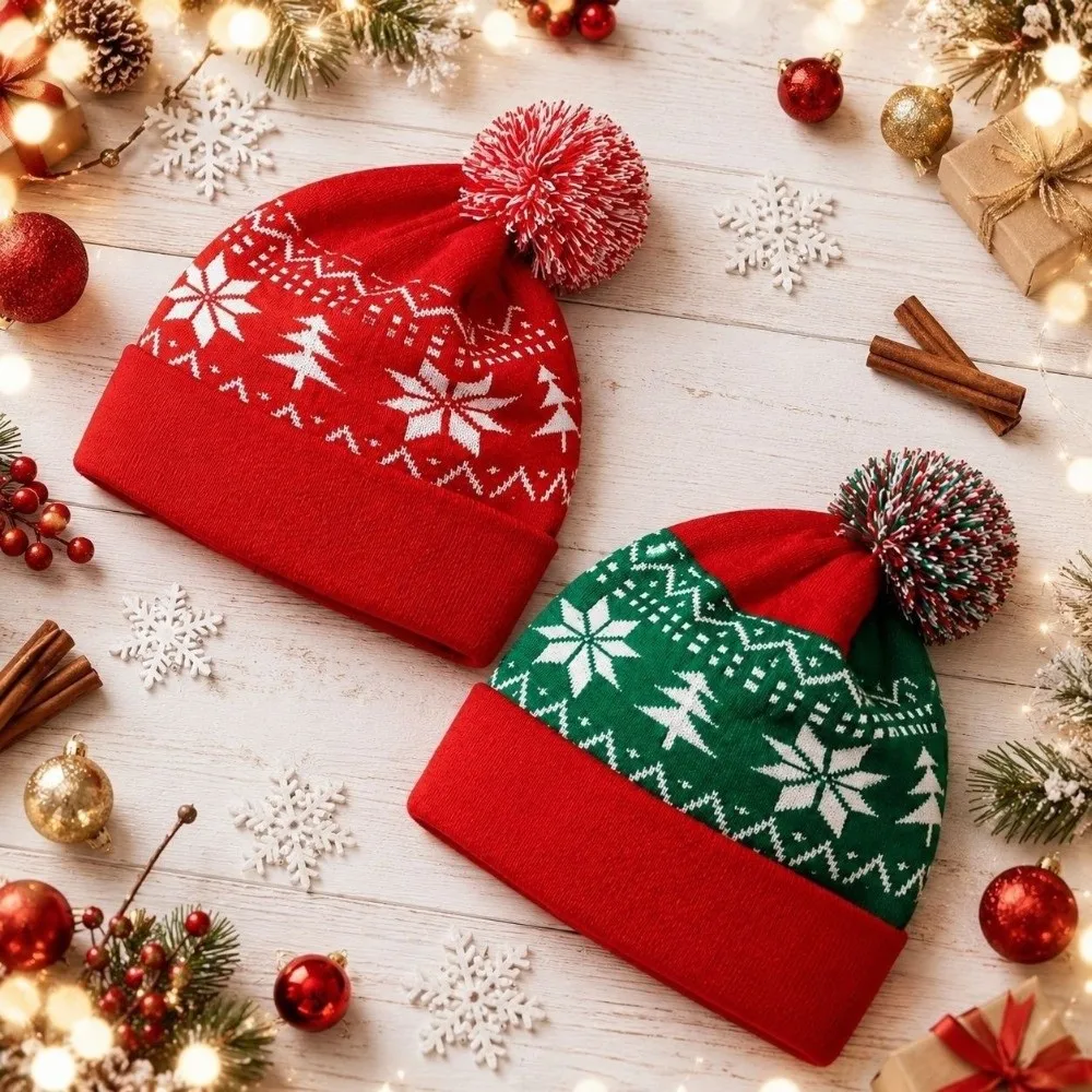 Schneeflocken-Weihnachtsmütze, Jacquard-Wollmütze, gestrickte Mütze, Geschenk, rot-grüne Patchwork-Farbe, weihnachtliche Strickmütze, festliche Dekoration – Detail 8