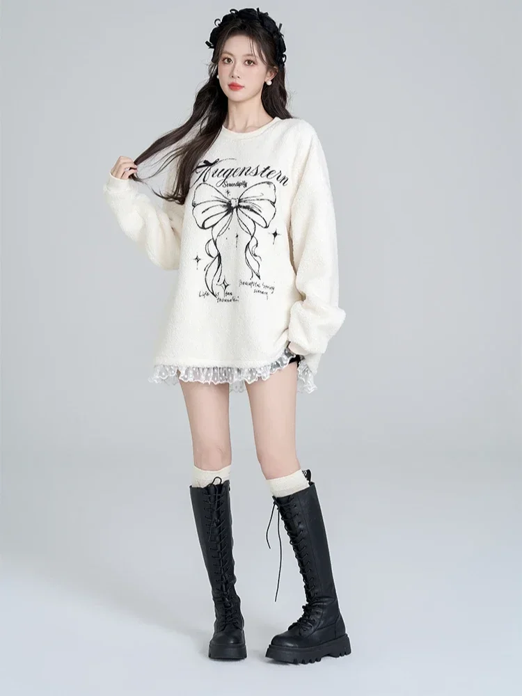 Highstreet Sweet Cool Y2K Tops Lace Splicing Bow Round Neck Long Sleeve Loose Casual Fleece Pullover Sweatshirts Women Winter
