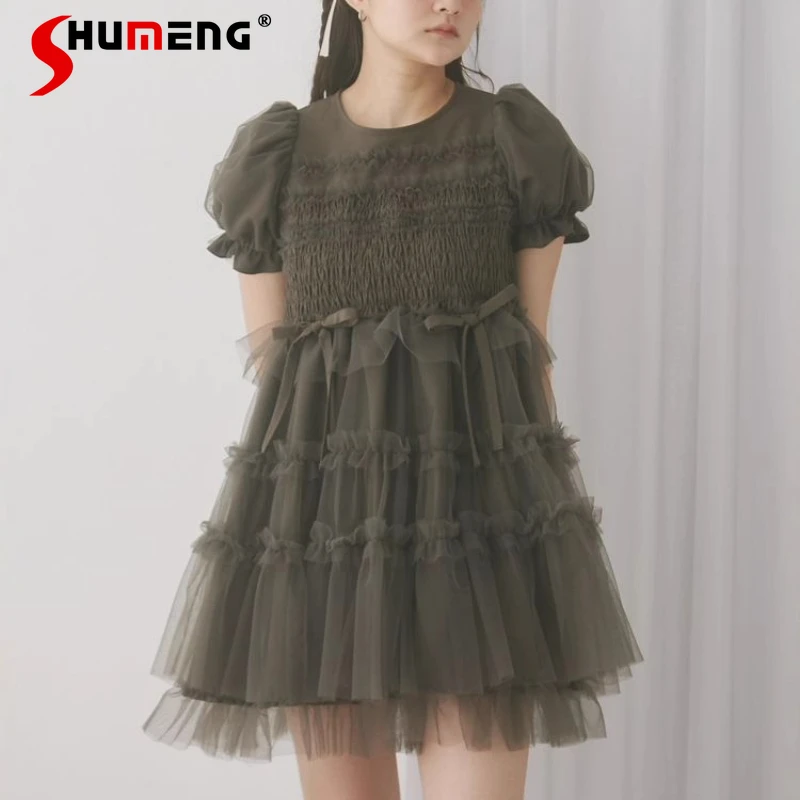 Sweet Cute Dress Japanese Lolita Style Elegant Sheer Puff Sleeves A-Line Short-Sleeved Tie Waist Short Dresses Kawaii Vestidos