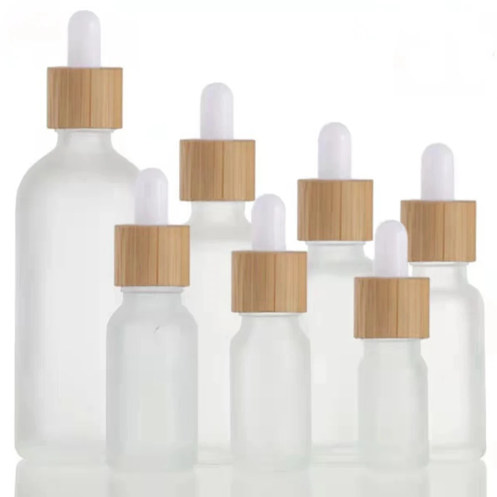 5X 10X Frosted Clear White Glass Dropper Bottles Bamboo Wood lids Drop Pipette Cap Refillable Matte essential Perfume oil Bottle