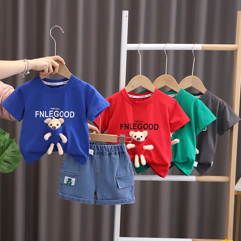 Kids Baby Boy 2 Piece Set 2024 Summer Letter Cartoon Printed O-neck Short Sleeve T-shirts and Shorts Infant Boys Clothes Outfits