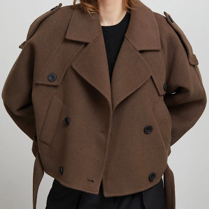 Vintage Dark Brown Cropped Jacket Women Notched Lapel Strap Decor Double Breasted Belted Oversized Short Outerwear 260801