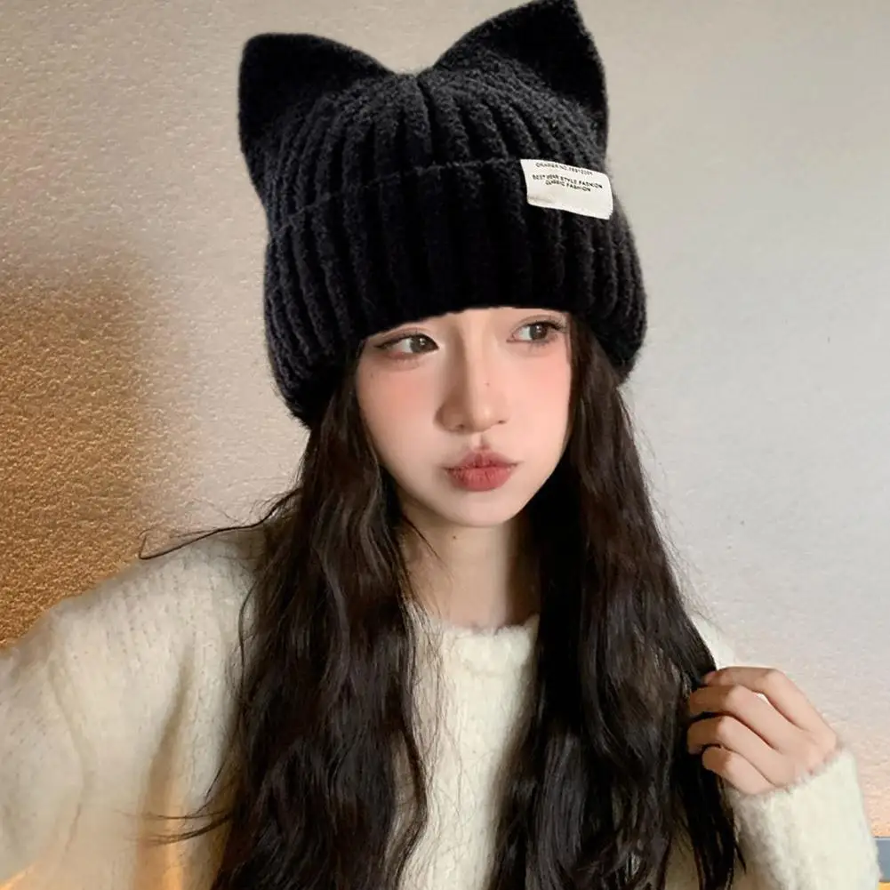 Cute Cat Ears Beanies For Women Autumn And Winter Warm Ear Protection Sweet Versatile Pullover Knitted Hats