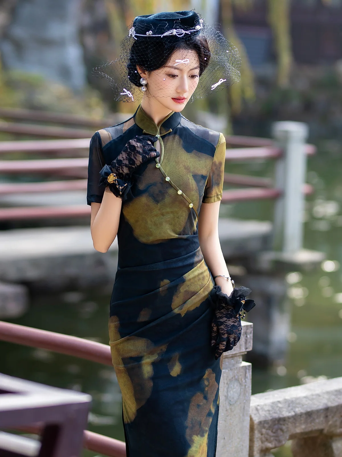 Young Elegant Lady Style Black Long Cheongsam Spring and Summer New Chinese Short Sleeve Daily Wearable