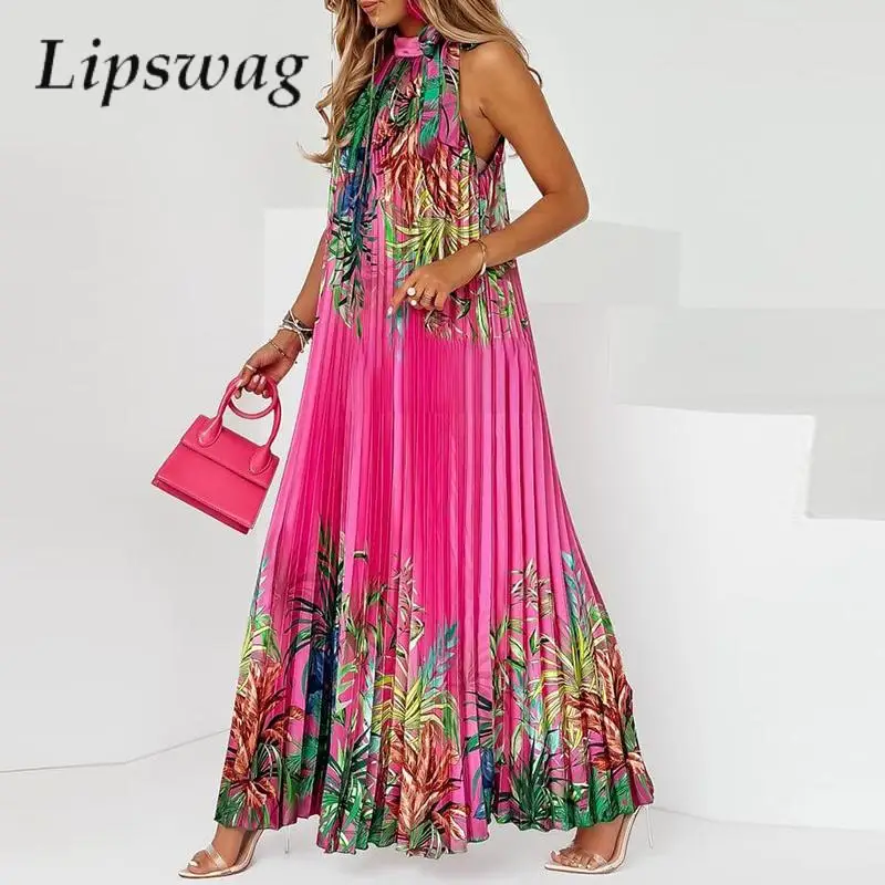 Lady Casual Loose Halter Pleated Maxi Dress Women Fashion Leaf Print Sleeveless Beach Boho Dress Elegant Halter Long Party Dress