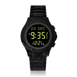 Man Wristwatch Muslim Watch with Adhan Time Islam Azan Makkah Clock Stainlesss Steel Waterproof Ultra Thin Case Black Color