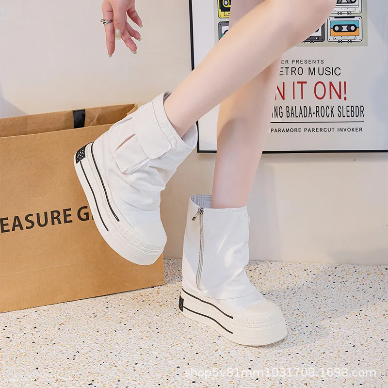 12CM New Denim Canvas Women Autumn Spring Hidden High Synthetic ZIP Ankle Booties Flats Platform Wedge Ankle Boots Fashion Shoes view 4