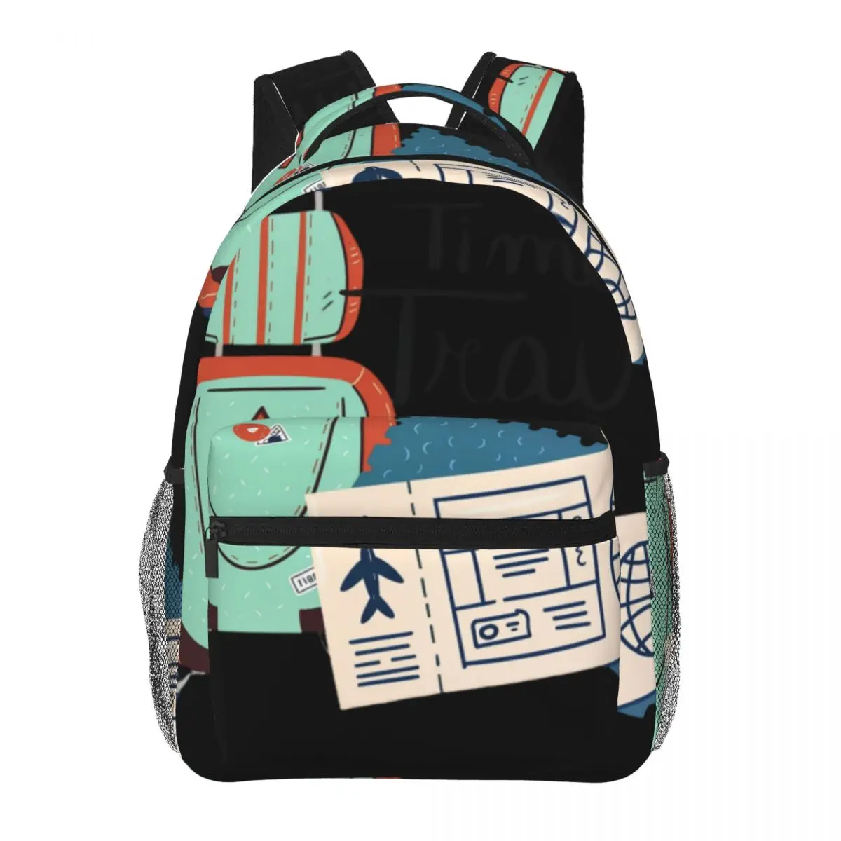 Blue Aesthetic School Backpack Center Suitcase Boarding Pass Travel Hand Illustration Mint Orange Navy Cool Bookbag for Girls