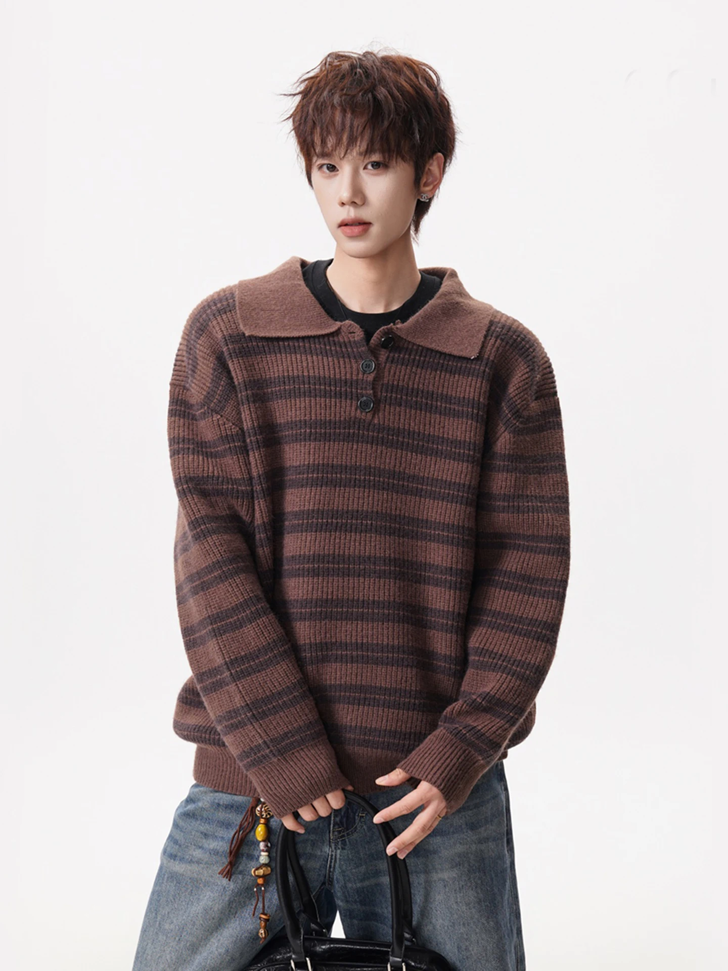 

Heavyweight Ne Knitted Sweater Men's Winter American Preppy Sle Sweater Vintage Lazy Striped Knitwear Coat