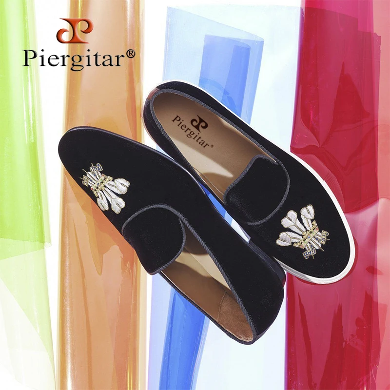 Piergitar Black Velvet Slippers With Multicolor Bullion Embroidered Crest Handcrafted Men Classic Loafers For Wedding And Party