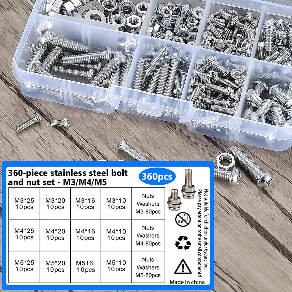 

Набор из 360 болтов и гаек с крестообразным шлицем из нержавеющей стали, M3/M4/M5, для самостоятельного ремонта и обслуживания дома.