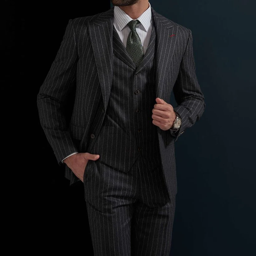 Elegant Black Striped Suits For Mens Business Blazer Wedding Tuxedo Slim Fit Daily 3 Piece Jacket Vest Pants Terno Masculino