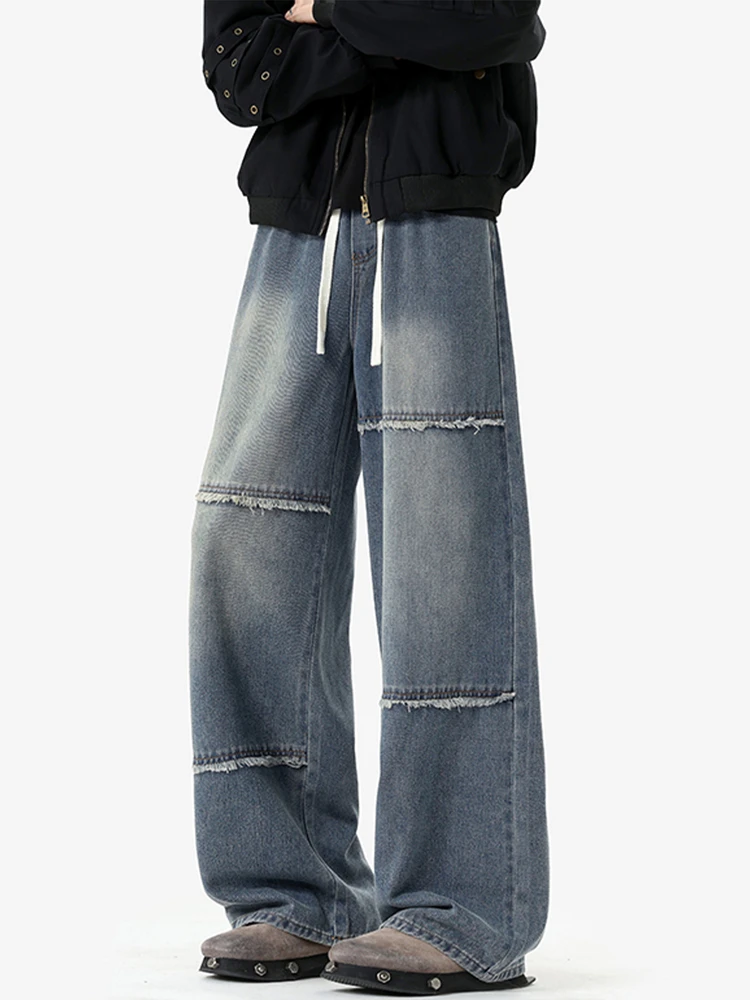 

Мужские джинсы в американском ретро-стиле, зимние, модные, свободные, прямого кроя, с эффектом потертости, повседневные, прямого силуэта