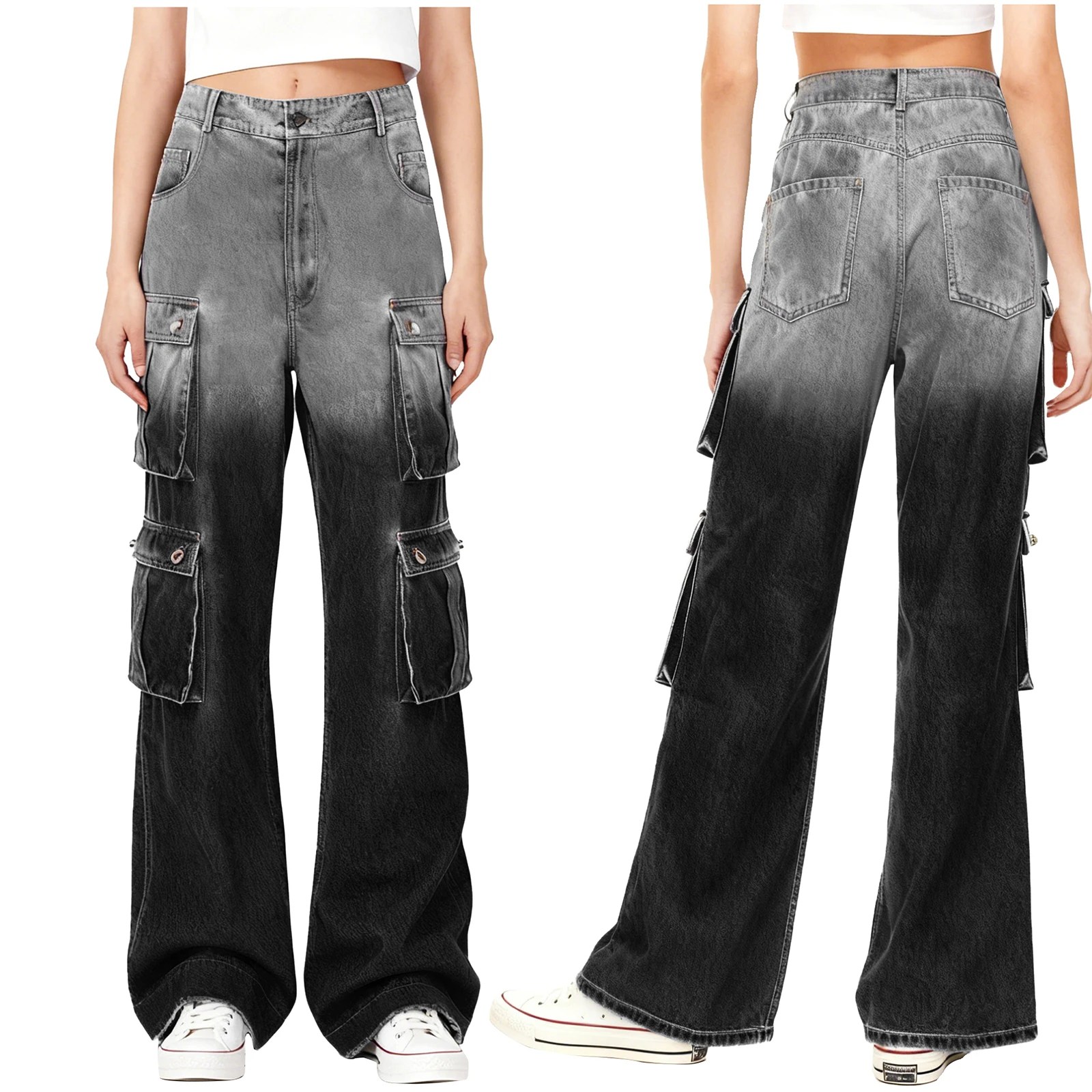 여성용 Y2K 배기 카고 진 플랩 포켓 하이웨이스트 그라데이션 와이드 레그 데님 팬츠 루즈 롱 팬츠 데일리 캐주얼 주말용