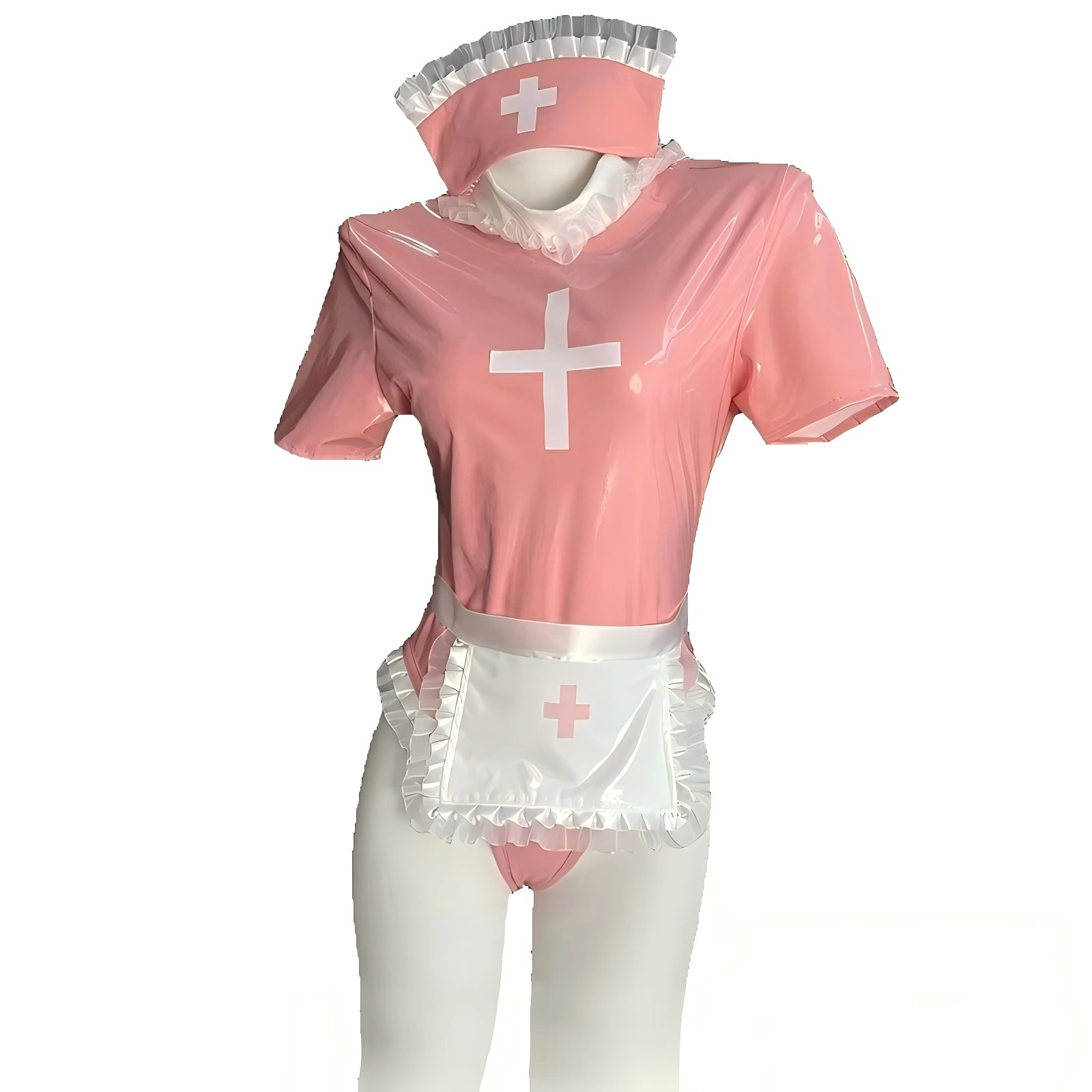 

Эротическая оригинальная женская искушение медсестры, униформа для косплея, сексуальное розовое боди из лакированной кожи с крестообразным узором и перчатками, шляпа, фартук