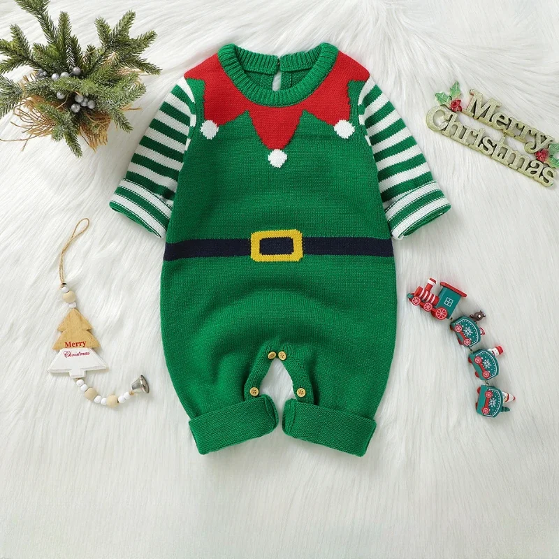 Newborn Netural Green Santa Claus Pattern Jumpsuits Playsuits Winter Outwear Infant Boys Girls Costumes Baby Rompers Long Sleeve