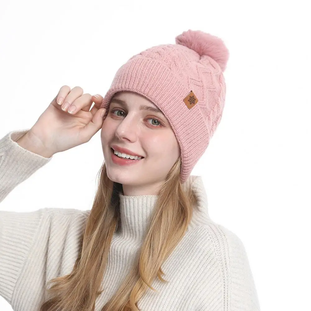 Cachecol de malha com cabo canelado, chapéu de inverno, conjunto de luvas com decoração de bola de pelúcia, gorro forrado de lã, cachecol de malha para mulheres para clima