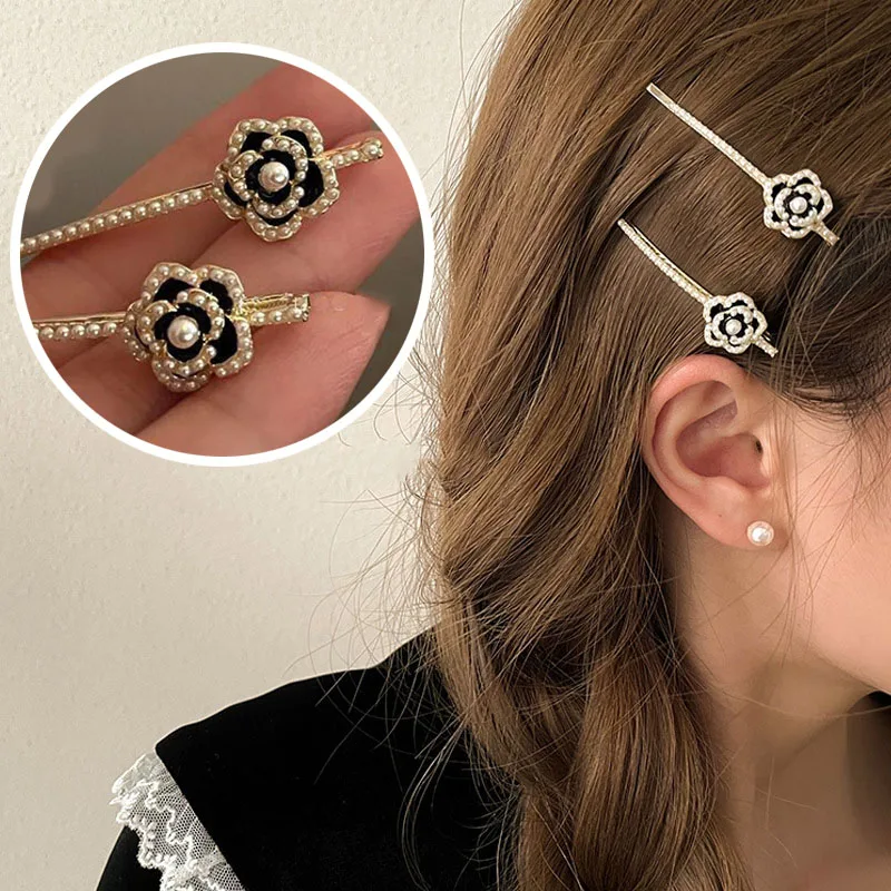 Elegent Black Rose Flower Hair Clip For Women Exquisite Glitter Rhinestone Pearl One-Word Clips Broken Bangs Hairbands Headdress