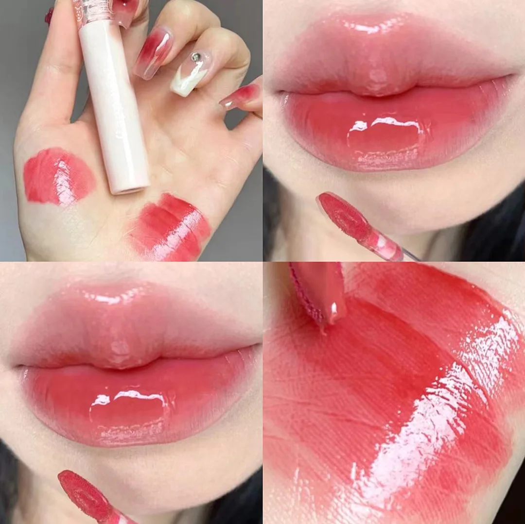 Brillo Labial con Efecto Burbuja, Acabado Espejo, Iluminador, Económico, Maquillaje Labial Color Nude, Rojo Cereza para Estudiantes, Aspecto Natural