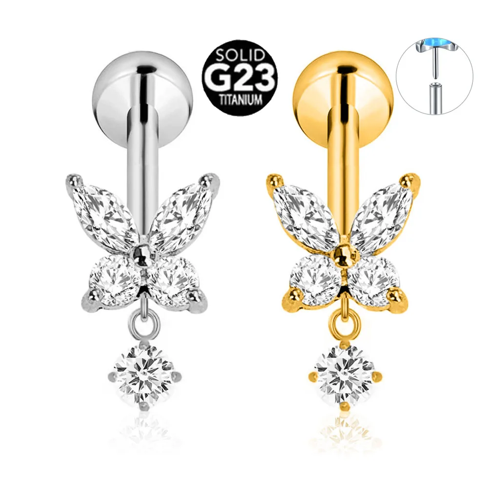 ASTM F136 G23 Titanium Butterfly Drop Labret Threadless Piercing Insect CZ Pin Push in Lip Stud Daith Conch Earring 16G 18G 20G