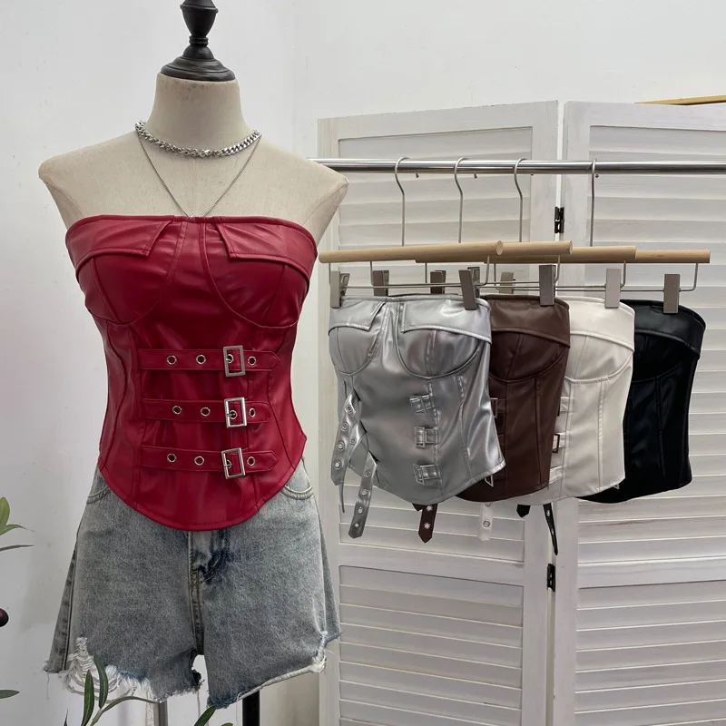 

Street Leather Buckle Strap Tube Top Sexy Strapless Strip Chest Wrap Vest Pu Leather Y2k Top