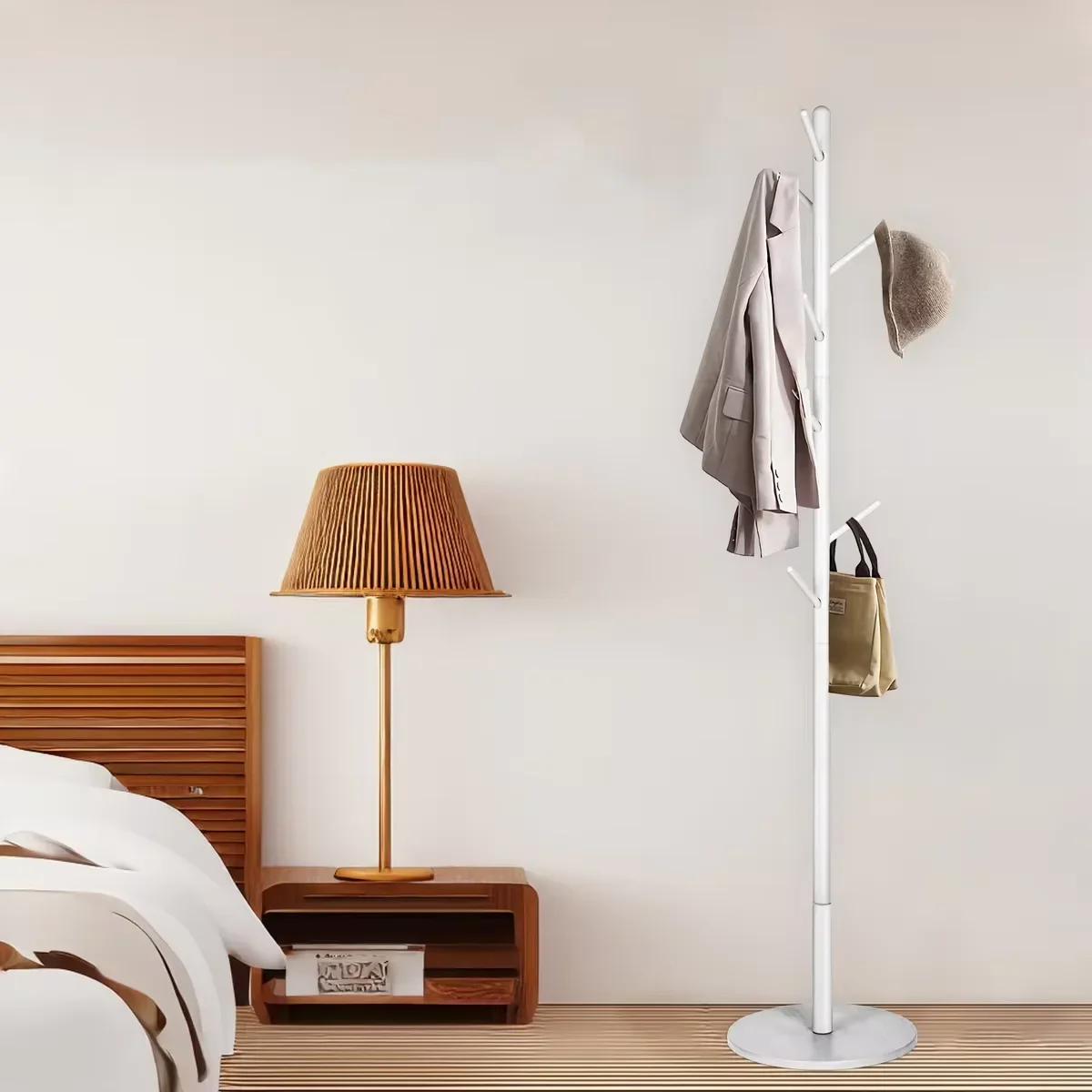 

Solid Wood Coat Rack Rubber Wood Natural Beige Standing Hall Coat Tree With 8 Hooks For Entryway Hallway Bedroom Office
