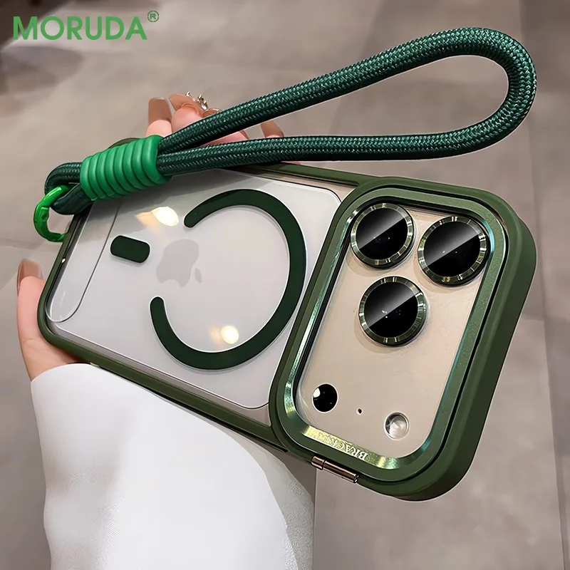 Camera Stand Holder for Magsafe Transparent Case For iPhone 17 Air 16 15 14 13 12 Pro Max Plus Metal Lens Film Wrist Strap Cover