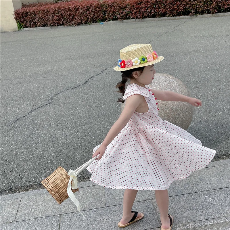 

2025 Summer New Korean Version of Children's Clothing Girls Polka Dots Full Print Sleeveless Skirt Cute Lapel Vest Dress