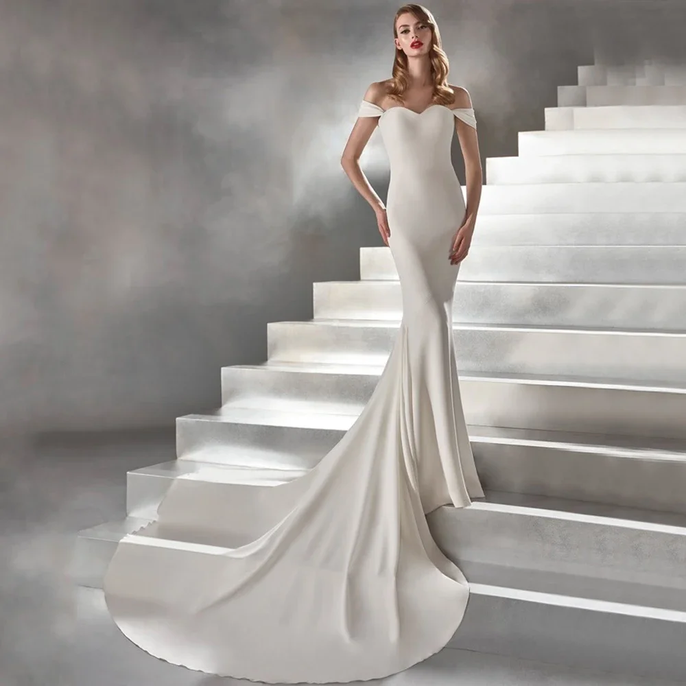 

Simple Off the Shoulder Mermaid Wedding Dress Sweetheart with Short Sleeve Bridal Floor Length Button Sexy Backless Bride Gowns