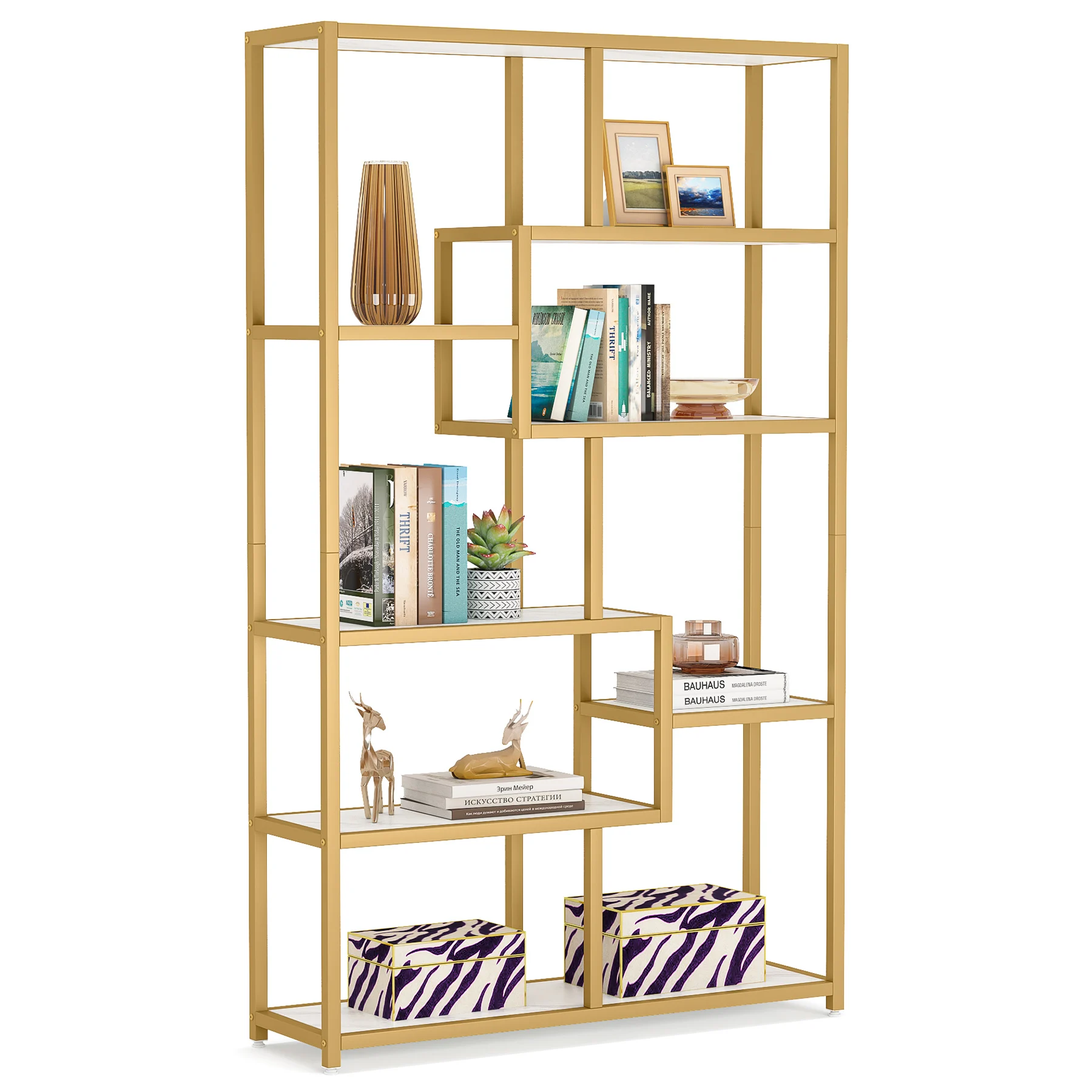 LITTLE TREE 5-delige boekenplank Etagere boekenkast, moderne gouden boekenplank organizer displayrek met 8 open opbergplanken - afbeelding 2