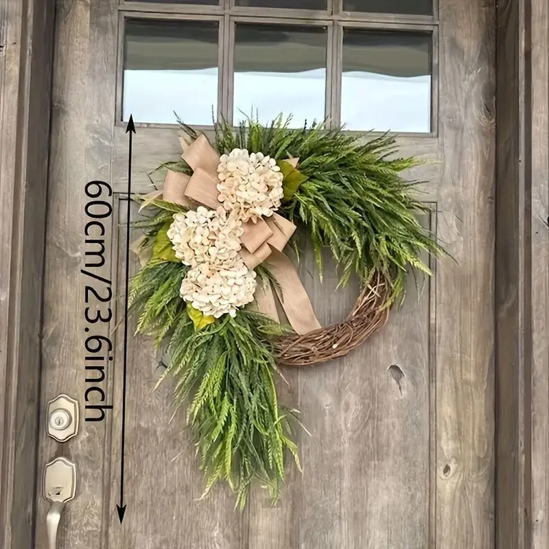 

Rustic hydrangea wreath hanging ornament with bow - decorative faux floral garland for door or wall
