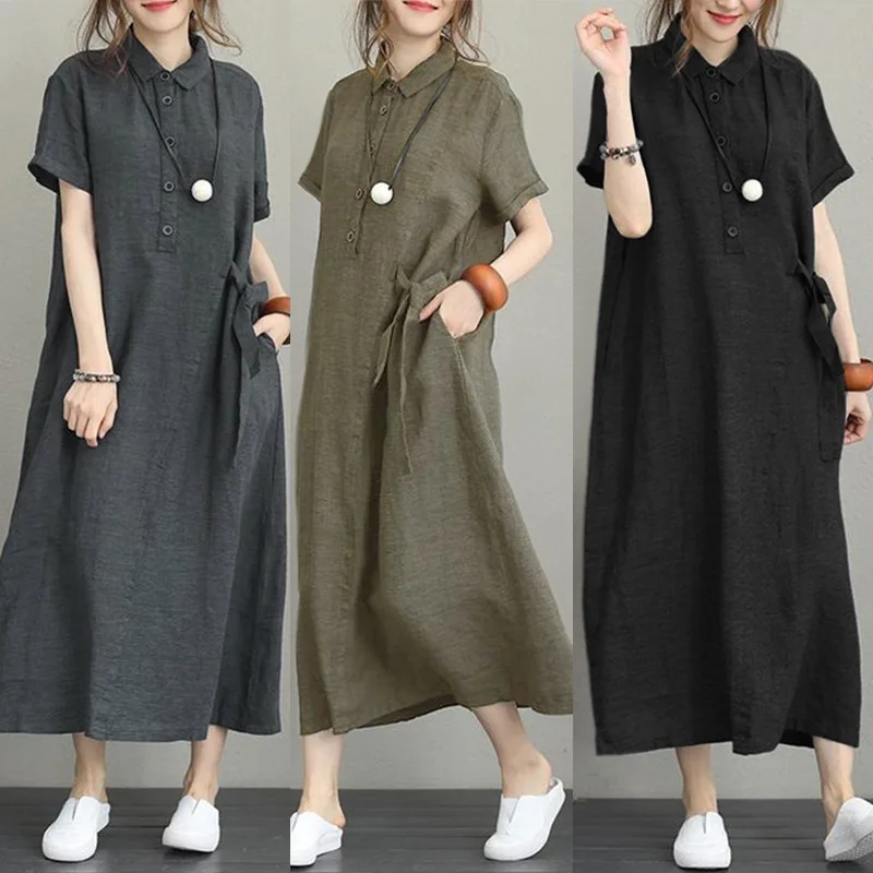 

Plus Size 3XL 4XL 5XL 2023 Summer Dress Women Cotton Linen Pocket Dress for Women Streetwear O-Neck Loose Solid Midi Dresses